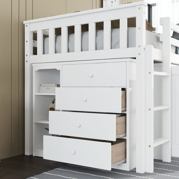 English Elm Twin Loft Bed Rubberwood Frame Pull Out Desk Storage Cabinet and Shelf Kids Room White W504S00288