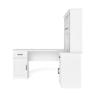 English Elm L-shaped Home Office Desk with Open Shelves Flip Shelf Cabinets and Drawer Storage White W1580S00492