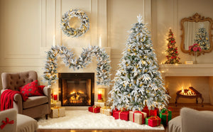 English Elm Christmas Snow Flocked Wreath Set with 9ft Garland & 6ft Tree, Warm LED Lights, 3-Piece Indoor Decor (100) PX283313AAW