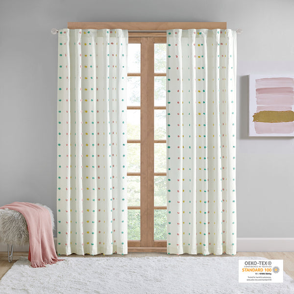 JLA Home Intelligent Design - Cotton Jacquard Pom-Pom Curtain Panel — OEKO-TEX 100% Cotton, Colorful Pom Accents, Machine Washable ID40-1772