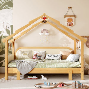 English Elm Twin Pine Treehouse Floor Bed with Padded Rails and Cabin Roofline for Kids White W1580S00383