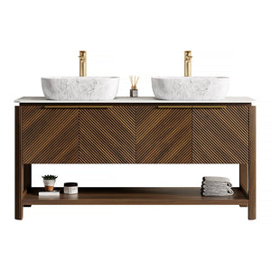 English Elm Dina 60 Inch Floating Bathroom Vanity Sintered Stone Top Dual Glass Basins Wood Grain W2615S00514