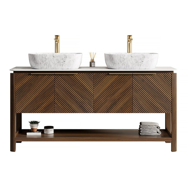English Elm Dina 60 Inch Floating Bathroom Vanity Sintered Stone Top Dual Glass Basins Wood Grain W2615S00514