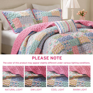 English Elm 4-Piece Full/Queen Quilt Set Pink Floral Coverlet with 2 Shams & Throw Pillow, Soft Microfiber Comfort B035P408452