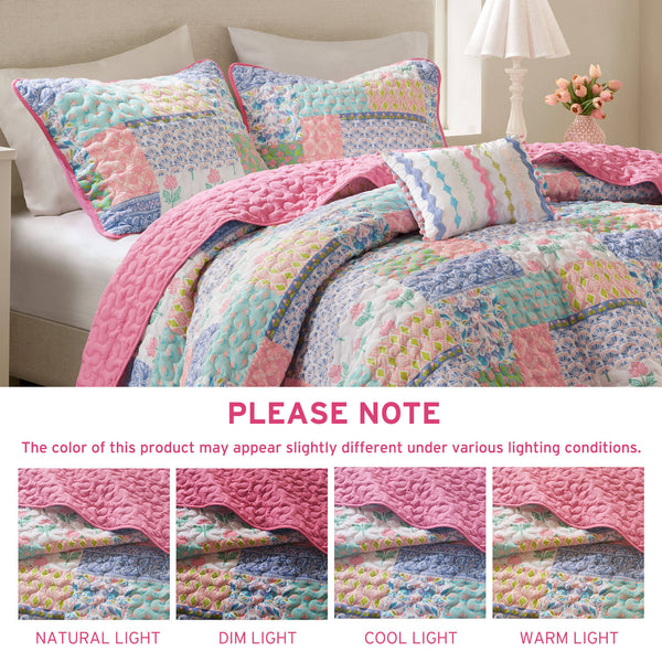 English Elm 4-Piece Full/Queen Quilt Set Pink Floral Coverlet with 2 Shams & Throw Pillow, Soft Microfiber Comfort B035P408452