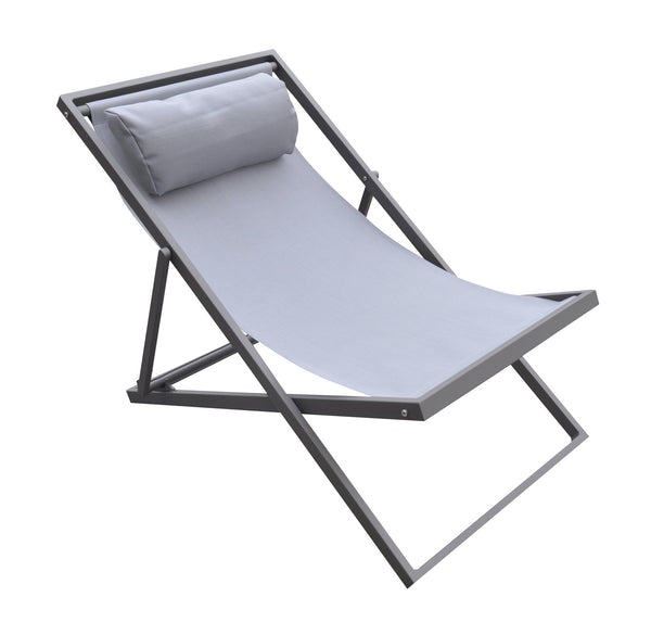 English Elm Velian Folding Outdoor Aluminum Deck Chair — Gray Powder Coat, Water/UV Resistant Sling, Padded Headrest B2736P354396