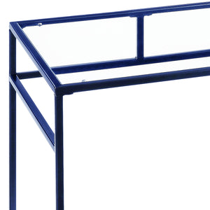 English Elm Yasin Modern Glass Top Writing Desk in Blue Finish with Metal Sled Base and Open Storage Shelf B2726P256257