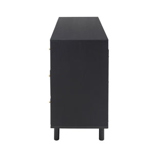 English Elm 2 Door 3 Drawer Cabinet with Engineered Rattan Finish, Pine Feet, Metal Semi-Circle Handles, Durable Black W688134396