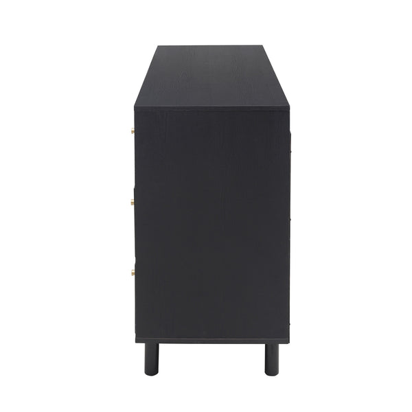 English Elm 2 Door 3 Drawer Cabinet with Engineered Rattan Finish, Pine Feet, Metal Semi-Circle Handles, Durable Black W688134396