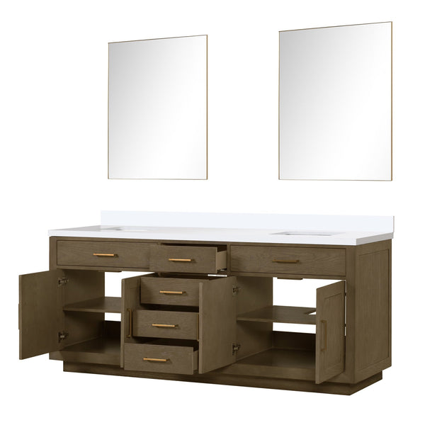 English Elm Grey Oak Double Bath Vanity Set With White Quartz Top & 36" Frameless Mirrors For Modern Elegance B2731S01559