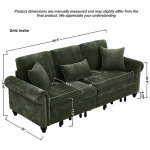English Elm 86" Chenille Sleeper Sofa with Nailhead Rolled Arms Three Seat Convertible for Any Room Green W3373S00088