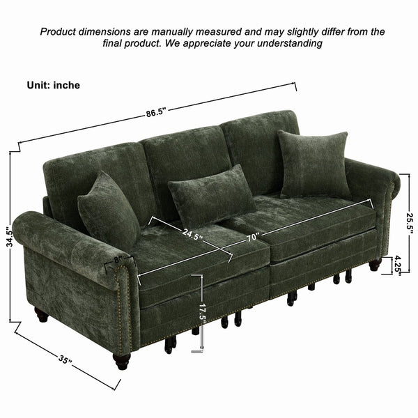 English Elm 86" Chenille Sleeper Sofa with Nailhead Rolled Arms Three Seat Convertible for Any Room Green W3373S00088