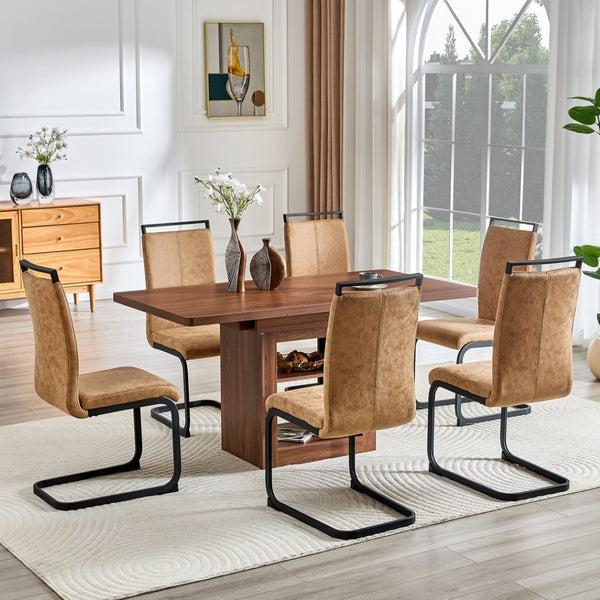 English Elm Expandable Walnut Mdf Dining Set Seats Eight with Six Fabric Chairs on Metal Legs W1151S04708