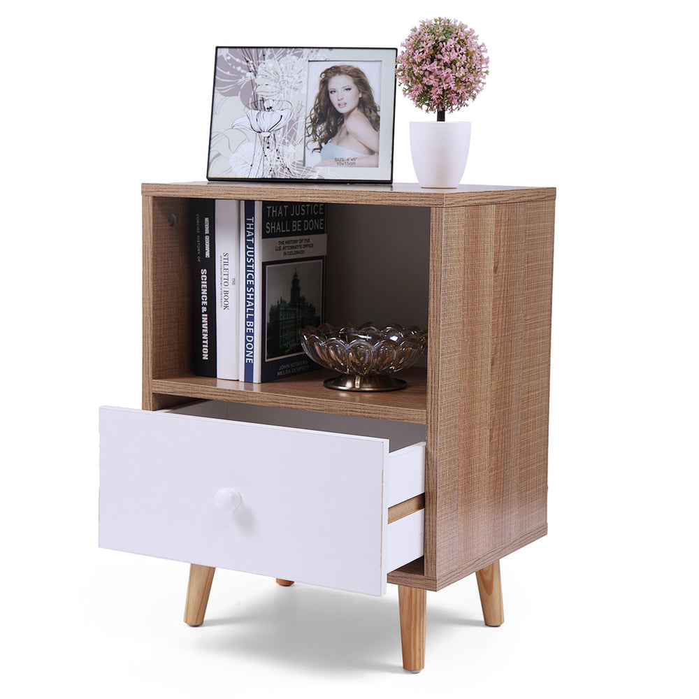 English Elm Set of 2 Mid Century Nightstands with Drawer & Shelf, Natural White Accent Tables for Bedroom Living Room W2181P357558