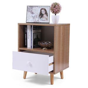 English Elm Set of 2 Mid Century Nightstands with Drawer & Shelf, Natural White Accent Tables for Bedroom Living Room W2181P357558