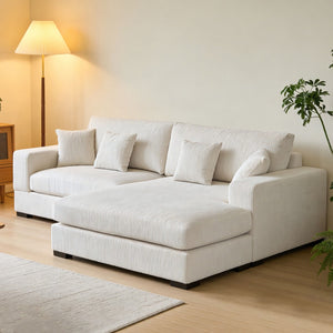 English Elm Mid Century Modern 3 Seater Sectional Sofa with Reversible Chaise and Accent Pillows Beige W876S00349