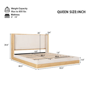 English Elm Mid-century Queen Platform Bed Curved Waterfall Headboard Natural Wood Beige Upholstered N769Q354925W