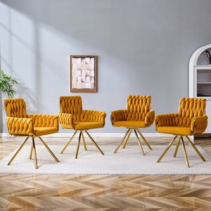 English Elm Set of 2 Velvet Upholstered Dining Chairs Braided Rope Back Glam Metal Legs Gold,Yellow W3875P383935