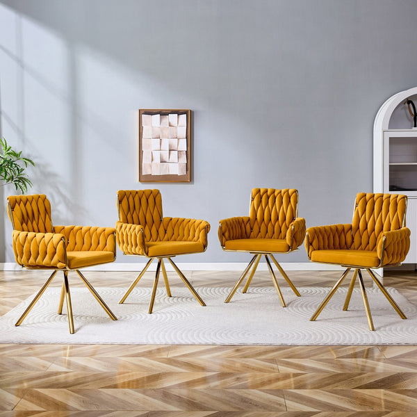 English Elm Set of 2 Velvet Upholstered Dining Chairs Braided Rope Back Glam Metal Legs Gold,Yellow W3875P383935