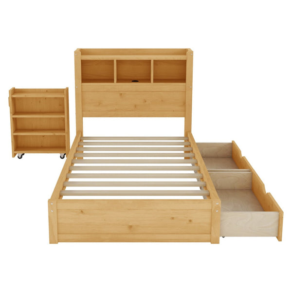 English Elm Twin Wood Storage Bed with Led Headboard Drawers and Pull Out Cabinet for Kids Natural W2593S00049