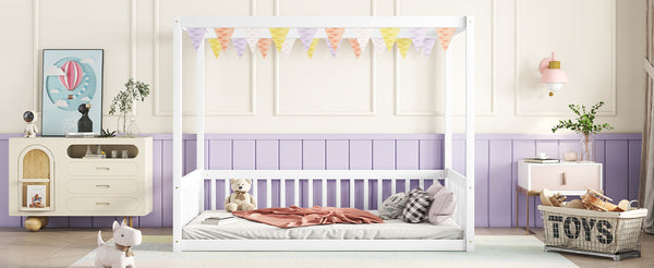 English Elm Full Full Size Canopy Frame Rubber Wood Floor Bed with Fence Guardrails White – Imaginative Kids Retreat, 400 lb Capacity, Malaysian Craftsmanship W504P364861