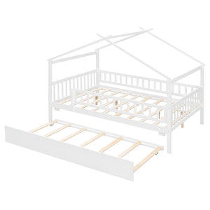 English Elm Full Size Pine House Bed with Roofline Frame and Roll Out Twin Trundle for Kids LP100306AAK