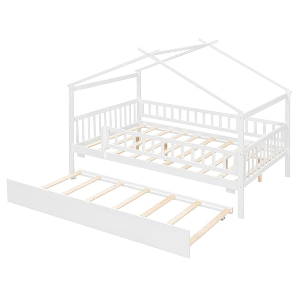 English Elm Full Size Pine House Bed with Roofline Frame and Roll Out Twin Trundle for Kids LP100306AAK