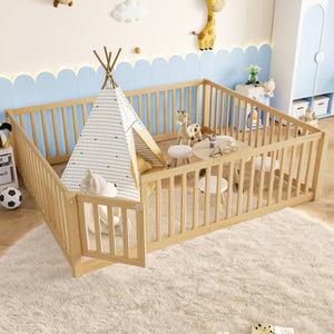 English Elm Queen Kids Floor Bed Pine Wood Frame with Safety Rails Door and Low Profile Design Natural W1580P417673