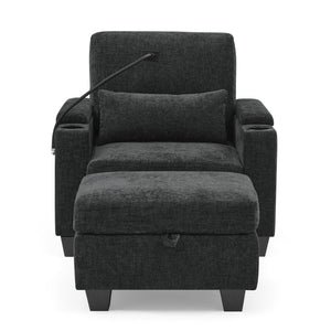 English Elm Single Chenille Manual Recliner with Usb Port Hidden Storage Ottoman and Cup Holders Black W487P423649
