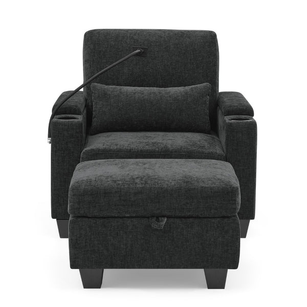 English Elm Single Chenille Manual Recliner with Usb Port Hidden Storage Ottoman and Cup Holders Black W487P423649