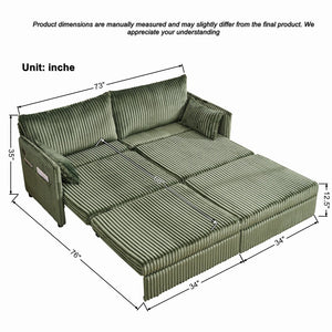 English Elm 73"convertible Corduroy Sleeper Sofa with Usb Port and Side Pocket for Studio Apartments Green W3373P405037