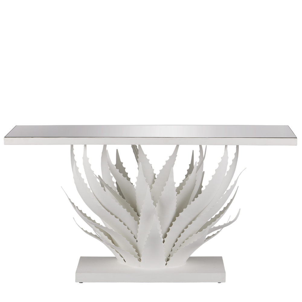 Agave White Console Table - Elegant Wrought Iron Design with Mirrored Top, Nature-Inspired Style
