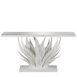 Agave White Console Table - Elegant Wrought Iron Design with Mirrored Top, Nature-Inspired Style