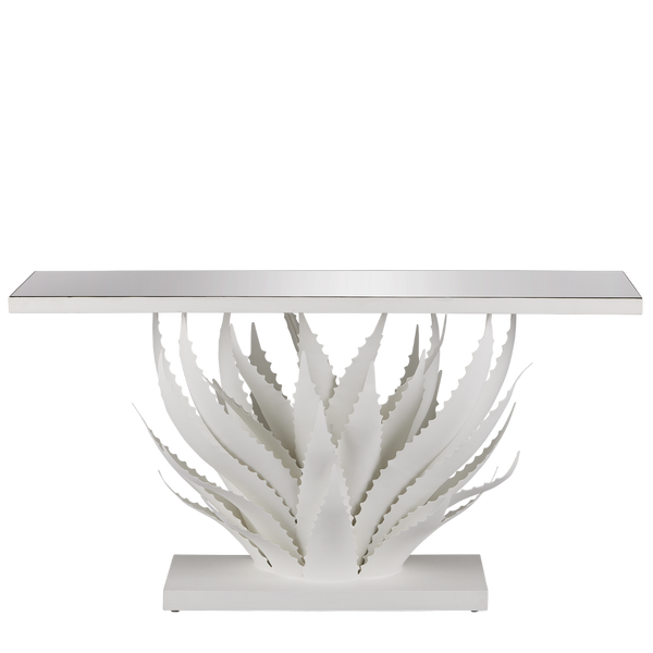 Agave White Console Table - Elegant Wrought Iron Design with Mirrored Top, Nature-Inspired Style