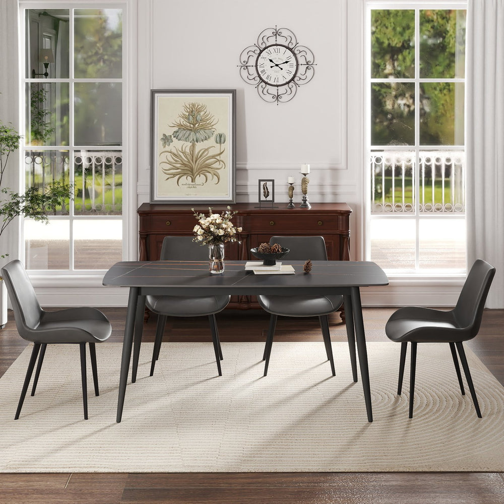 English Elm 62.99" Modern Artificial Stone Curved Edge Dining Table With Black Metal Legs – Seats 6 Comfortably! W1535S00498