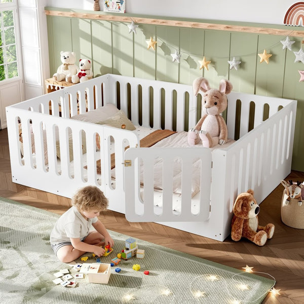 English Elm Queen Solid Pine Montessori Floor Bed for Kids with House Frame and Built-in Door Light White W5305P420638