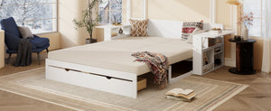English Elm Queen Daybed with Hydraulic Desk Storage Drawers and Convertible Sofa for Small Spaces White LT000272AAK