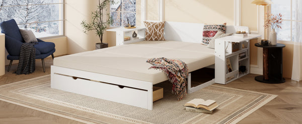 English Elm Queen Daybed with Hydraulic Desk Storage Drawers and Convertible Sofa for Small Spaces White LT000272AAK