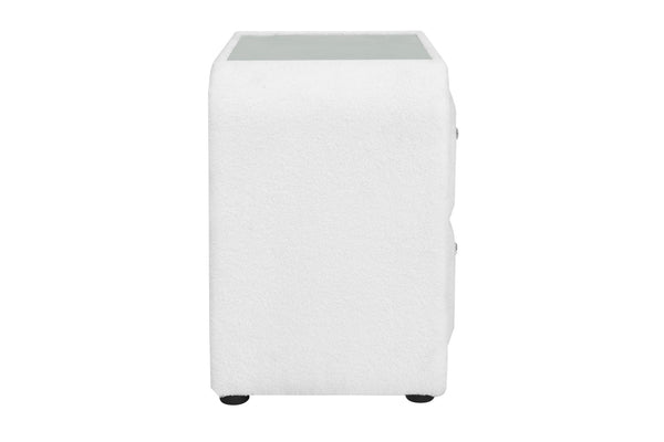English Elm Shelyn Teddy Sherpa Upholstered Nightstand with Glass Top and Crystal Knob Hardware White B2756P495789