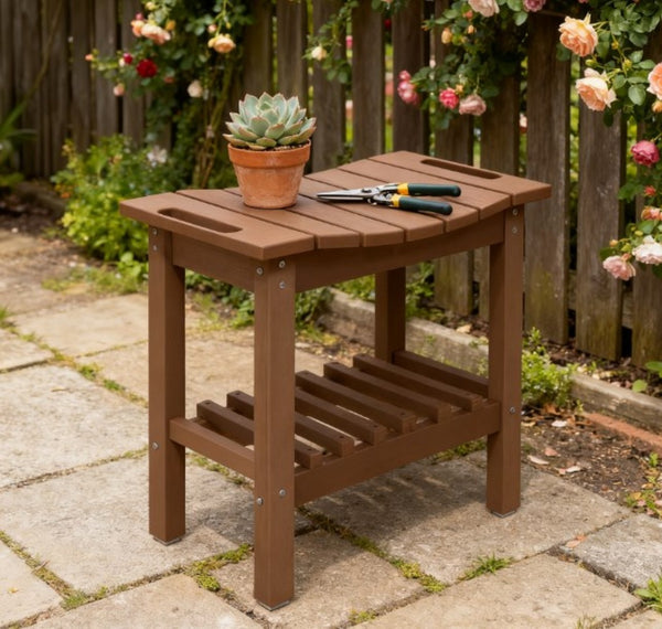 English Elm Shower Bench with Two Tier Storage Shelf Hdpe Wood Grain Finish for Bath or Poolside Brown T3971P417774