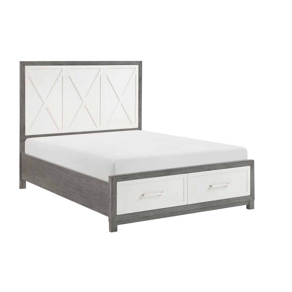 English Elm Queen Platform Bed with Footboard Storage, Ivory & Gray Finish, 2 Drawers, Modern Sturdy Frame B011S01673