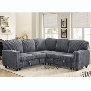 English Elm L-Shaped Sofa with Pull-Out Bed and Storage, 5-Seat Sectional with USB, Cup Holders, Cozy Chenille Grey W1998S00074