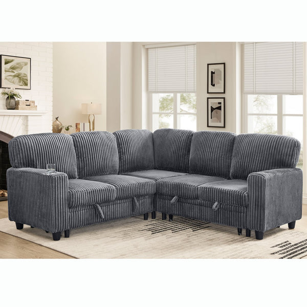 English Elm L-Shaped Sofa with Pull-Out Bed and Storage, 5-Seat Sectional with USB, Cup Holders, Cozy Chenille Grey W1998S00074