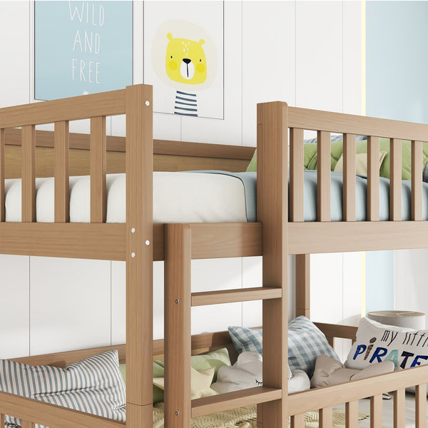 English Elm Twin Triple Rubberwood Bunk Bed with Ladders & Guardrails, Space-Saving Modular Design for Families White Oak W504S00172