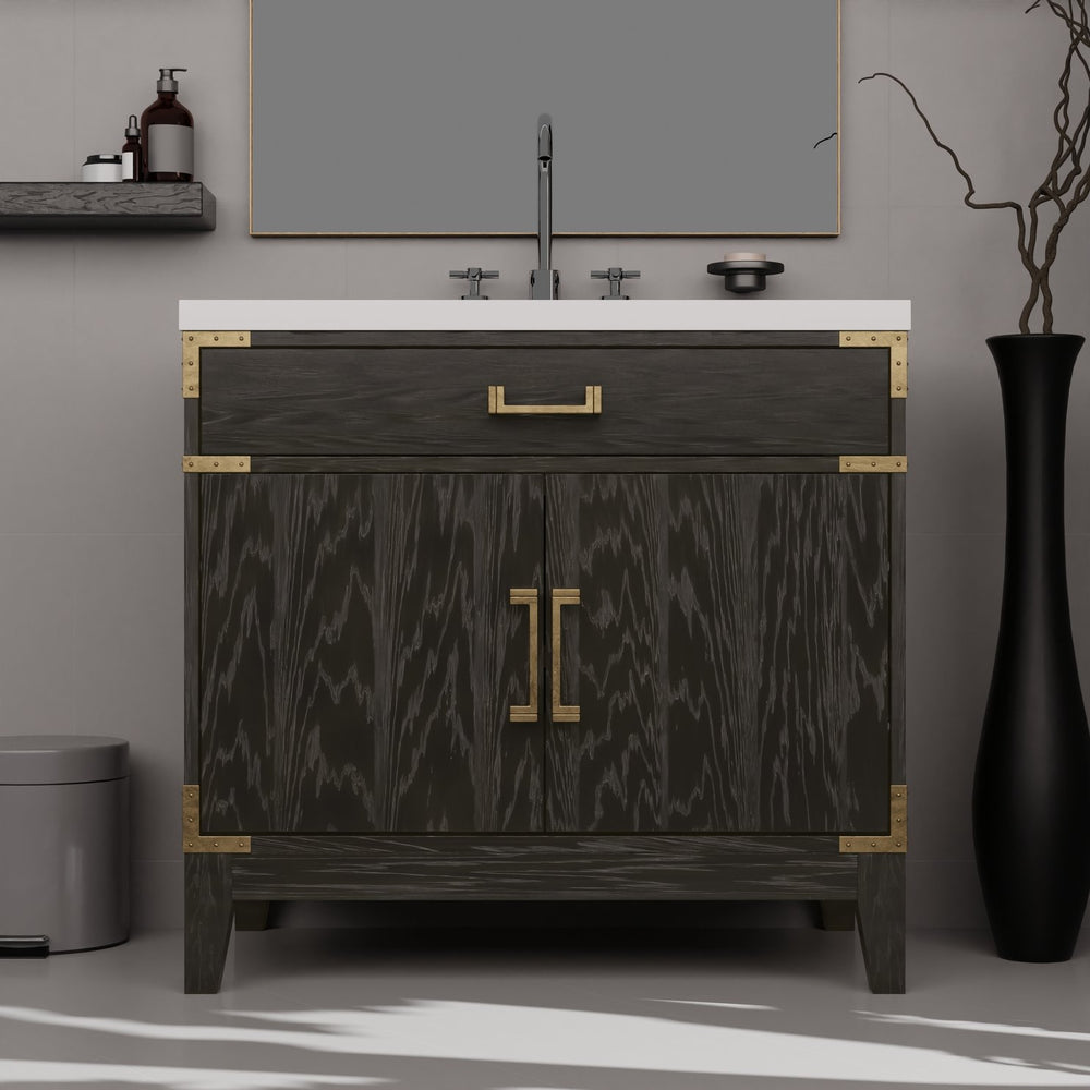 English Elm Black Oak Single Bath Vanity 36 in W x 22 in D with White Quartz Top, Chrome Gooseneck Faucet, Soft-Close Storage B2731P260920