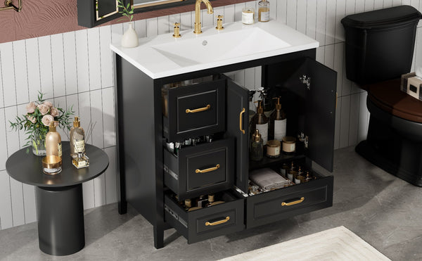 English Elm Christopher Knight Home® - 36" Freestanding Bathroom Vanity with Resin Sink, Soft-Close Doors & Drawers, Gold Alloy Handles, Spacious Storage and Easy Plumbing Access Black N759P292552B
