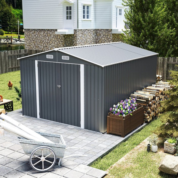 English Elm Campcraft Metal Storage Shed 10x14 Ft with Lockable Doors Vented Sloped Roof Backyard W1598S00035
