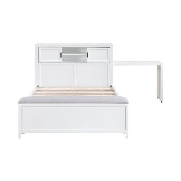 English Elm Gray Full Platform Bed with Bookcase Headboard Fold Out Desk Drawers and Footboard Bench White B011S02326