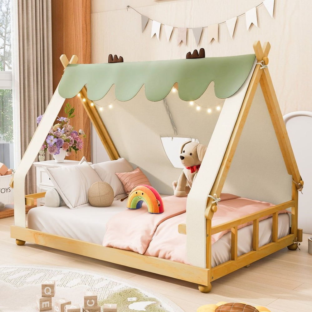 English Elm Twin Cabin Bed with Detachable Tent Skylight and Woodland Deer Antler Accents White N708P356717K