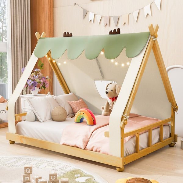 English Elm Twin Cabin Bed with Detachable Tent Skylight and Woodland Deer Antler Accents White N708P356717K